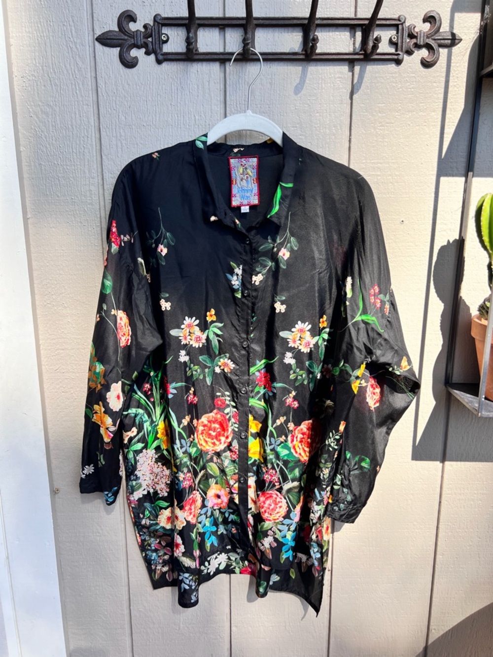 Johnny Was Black Floral Button-Front Blouse